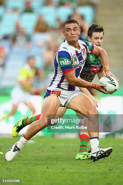 Danny Levi of the Knights looks to pass during the round two NRL match between the South Sydney Rabbitohs and the Newcastle Knights at ANZ Stadium on...