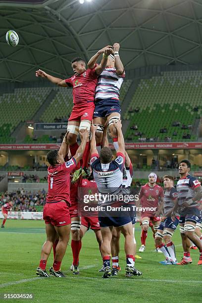 Hendrik Tui of the Reds and Luke Jones of the Rebels compete in a line out during the round three Super Rugby match between the Rebels and the Reds...