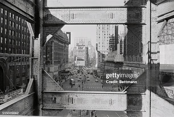 Time Square Railing Framing the Times Square area of New York City, the steel girders of ...