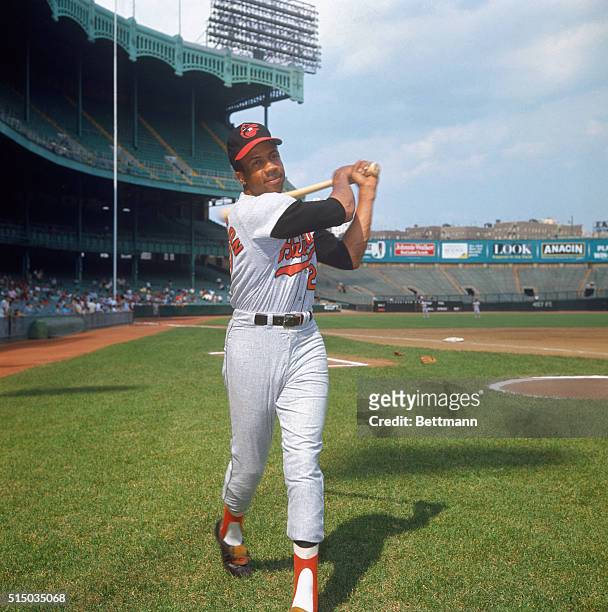 Baltimore Orioles' outfielder Frank Robinson in batting stance at Yankee Stadium.