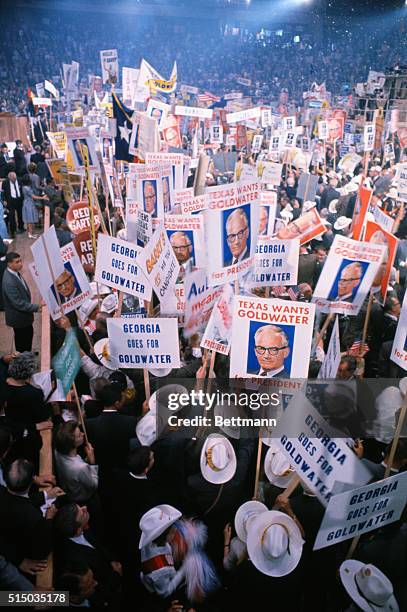 San Francisco, California: General view as delegates to the Republican National Convention stage a huge demonstration for Sen. Barry Goldwater, after...