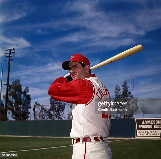 Rocky Colavito, Cleveland Indians outfielder, during spring training. Posed batting shot.