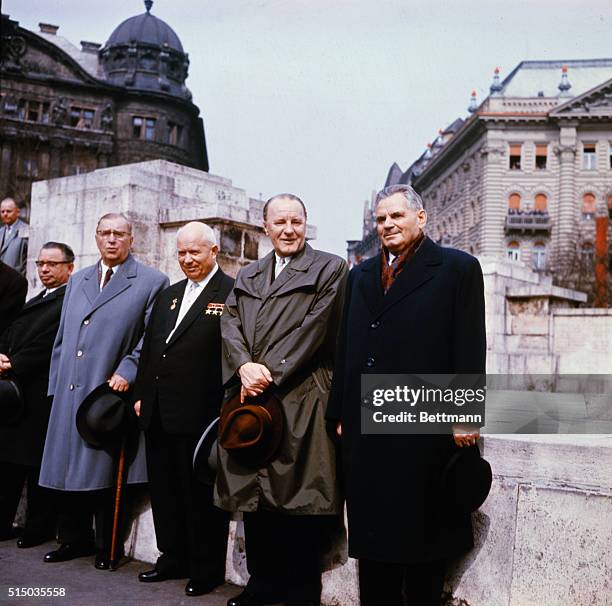 Budapest, Hungary: Hungarian president Istvan Dobi, Hungarian premier Janos Kadar, Soviet premier Nikita Khrushchev, other unidentified during a...