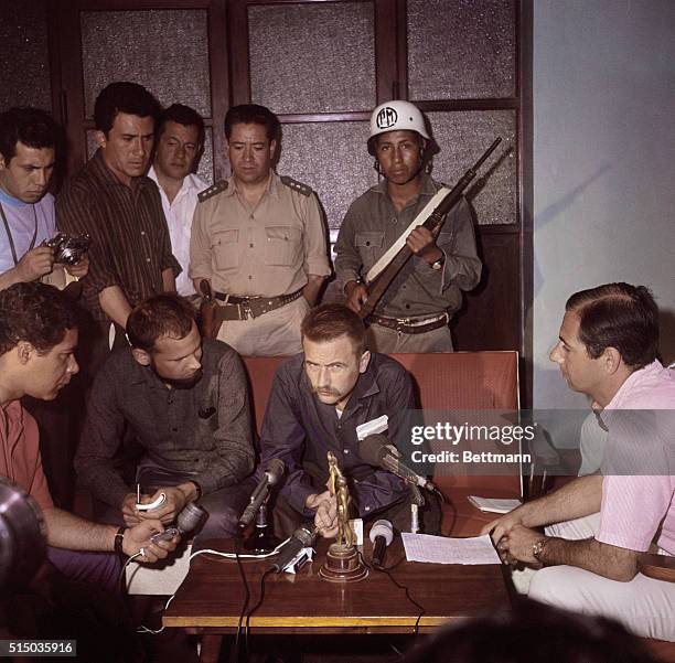 Regis Debray, 26 year old French Communist, holds a news conference August 19th at the Camiri Military Club. DeBray has been charged with murder,...