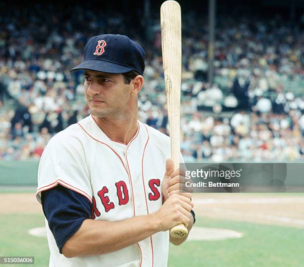 Boston, MA: Closeup of Carl Yastrzemski of the Boston Red Sox holds bat, August 24th at Fenway Park.