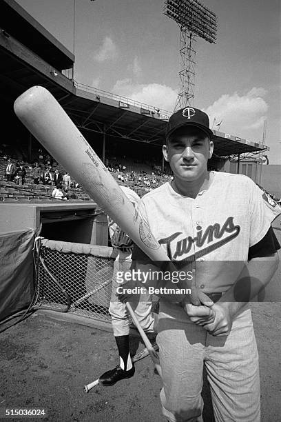 Twins-Red Sox-Boston: Minnesota Twins' Harmon Killebrew wields a mighty bat prior to start of Red Sox-Twins game at Fenway Park. Killebrew is tied...