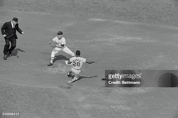Boston: Cardinals leadoff batter Lou Brock loses his hat while stealing second in first inning of opening game of World Series. Red Sox shortstop...