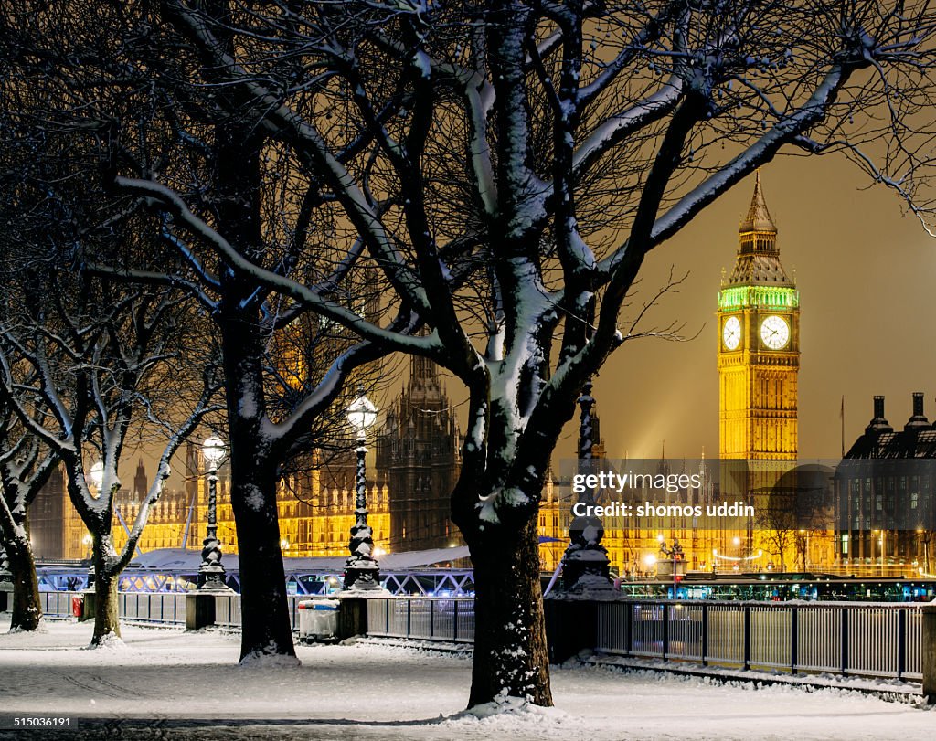 Big Ben and Houses of Parliament in snow