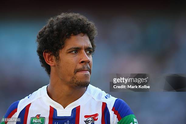 Dane Gagai of the Knights looks on during the round two NRL match between the South Sydney Rabbitohs and the Newcastle Knights at ANZ Stadium on...