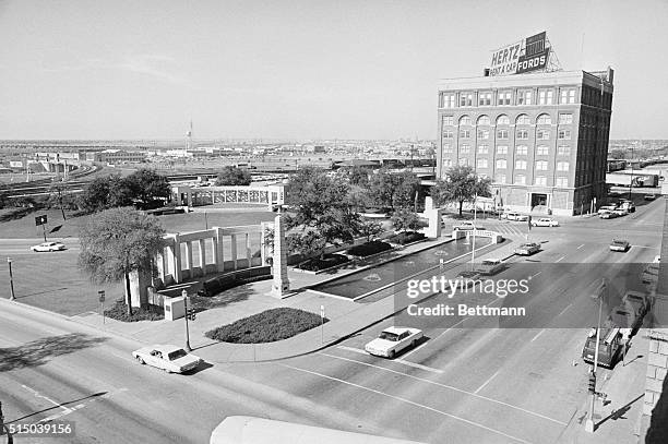 Dallas: Shown here in this general view, bottom left hand corner is Dealey Plaza where JFK Memorial site illustrating as to where the late President...