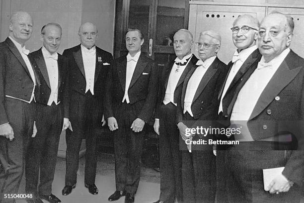 All of the 1967 prize winner appear together Dec. 10 during the Nobel Prize Award Ceremony in the Concert Hall here. They are, from left: Hans A....