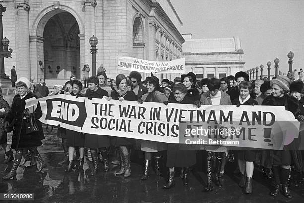 Group of women belonging to the Jeanette Rankin Brigade march in protest of the Vietnam War. Jeanette Rankin, the first female congress member,...