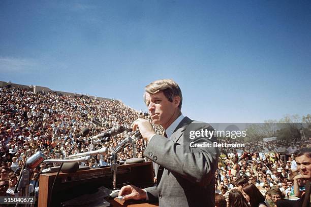 Albuquerque, New Mexico- Senator Robert F. Kennedy at University of New Mexico speaking before an estimated thirteen-thousand students and...