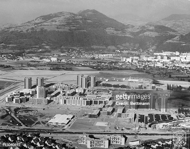 This is an aerial view of the Olympic Village at Grenoble where competitors from 500 nations will live for the duration of the 1968 Winter Olympic...