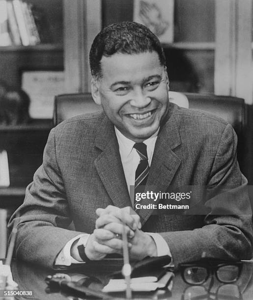 Senator Edward Brooke of Massachusetts sitting at desk.