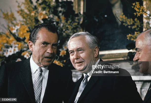 Prior to their meeting February 25th, President Richard Nixon and British Prime Minister Harold Wilson pose with U.S. Secretary of State William...