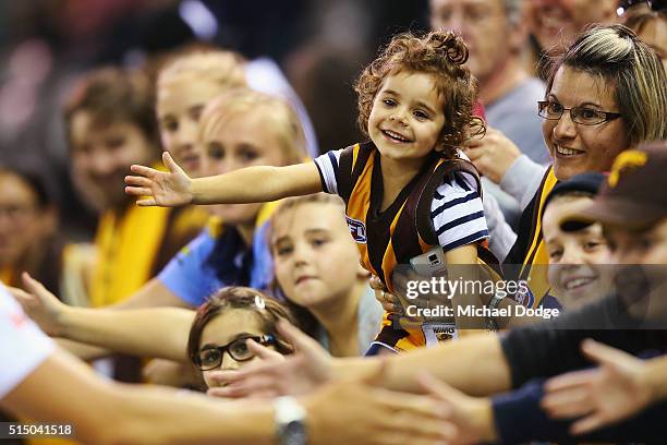 Hawks fans celebrate the win during the NAB CHallenge AFL match between the Hawthorn Hawks and the North Melbourne Kangaroos at Etihad Stadium on...