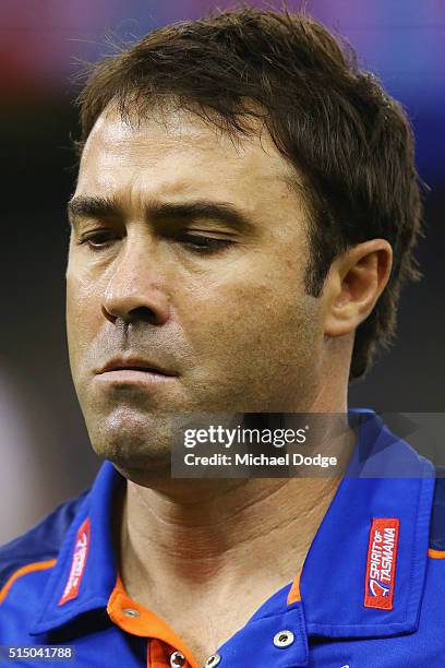 Kangaroos head coach Brad Scott walks off during the NAB CHallenge AFL match between the Hawthorn Hawks and the North Melbourne Kangaroos at Etihad...