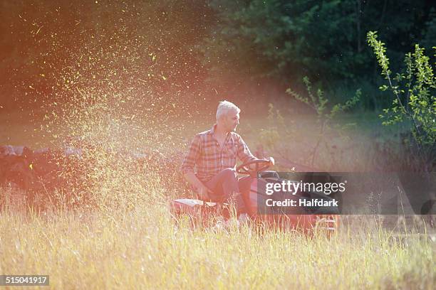 mature man riding lawn mower in garden - grasmaaier stockfoto's en -beelden