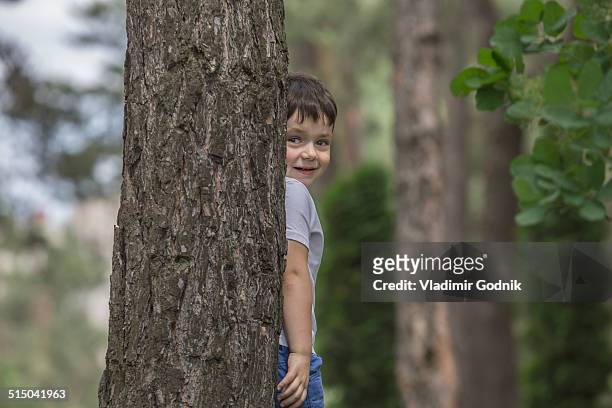 cute boy hiding behind tree trunk in park - kid hide and seek stock pictures, royalty-free photos & images