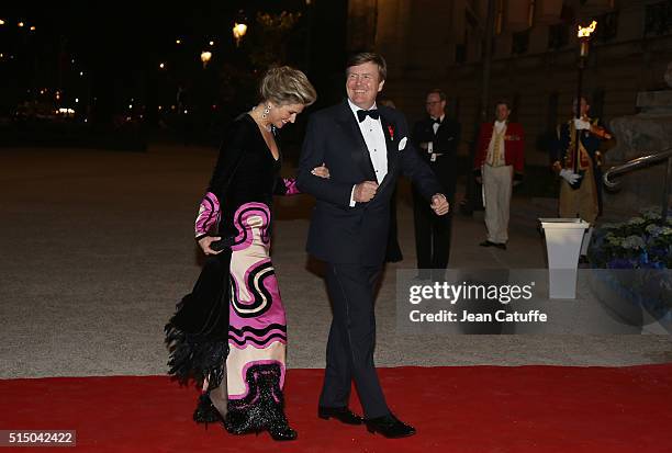 King Willem-Alexander of the Netherlands and Queen Maxima of the Netherlands arrive to the reception they're giving in honor of the President of...