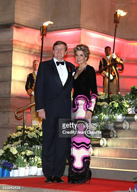 King Willem-Alexander of the Netherlands and Queen Maxima of the Netherlands arrive to the reception they're giving in honor of the President of...