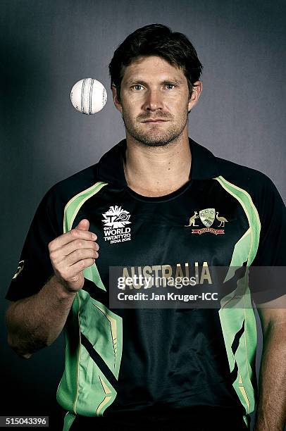 Shane Watson poses during the Australia headshots session ahead of the ICC World Twenty20 tournament on March 12, 2016 in Kolkata, India.