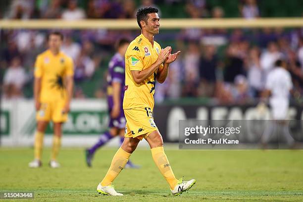 Luis Garcia of the Mariners walks from the field after being issued his second yellow card by Referee Adam Fielding for a tackle on Krisztian Vadocz...