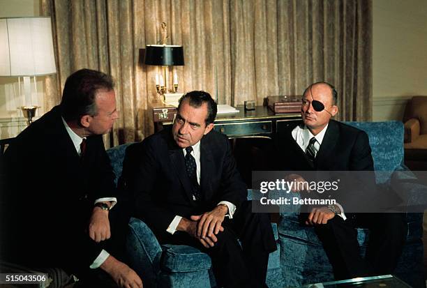 New York: President-elect Richard Nixon chats with Israeli Ambassador, Yitzhak Rabin, left, Israeli Defense Minister, Moshe Dayan, second from right,...