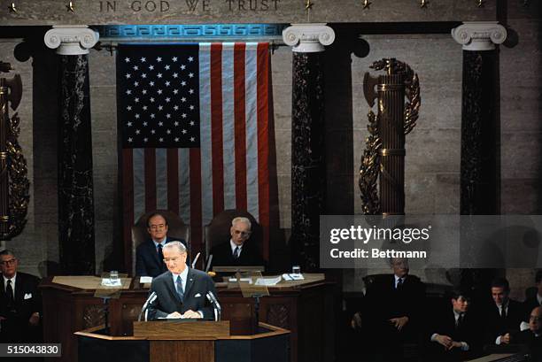 President Lyndon B. Johnson delivers his State of the Union message to a joint session of Congress in the House Chamber, January 17th.