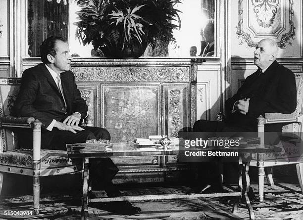 President Richard Nixon holds a private meeting with French President Charles de Gaulle at Elysee Palace Feb. 28. They met for nine hours of talks in...