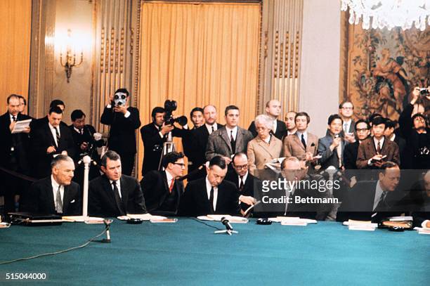 American delegation at the Vietnam Peace talks, 1/25, as the first plenary session opens. At left is Henry Cabot Lodge and seated next to him is...