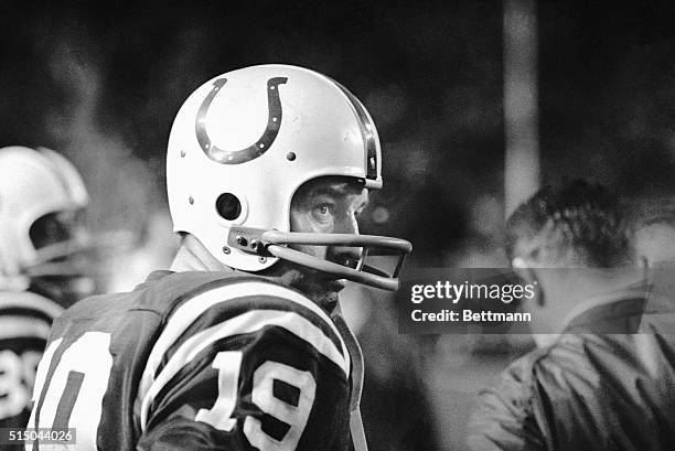 Colts' Johnny Unitas, closeup, dejectedly looks on from the sidelines as his team loses to the New York Jets during the Super Bowl game in Miami,...