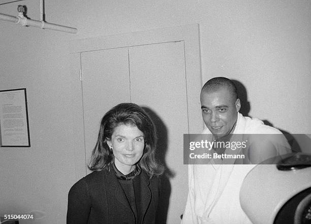 Mrs. Jackie Onassis with actor James Earl Jones backstage after a performance of The Great White Hope stage play.