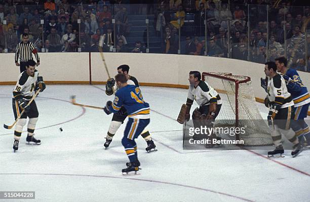 The St. Louis Blue hockey team defeated the North Stars of Minnesota, 6-2, to win the first game of Blues-North Stars quarter final Stanley Cup...