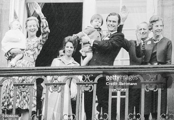 Happy Birthday. Copenhagen: Members of the Danish royal family wave to crowds who gathered in front of the palace to wish Princess Margrethe, heir to...