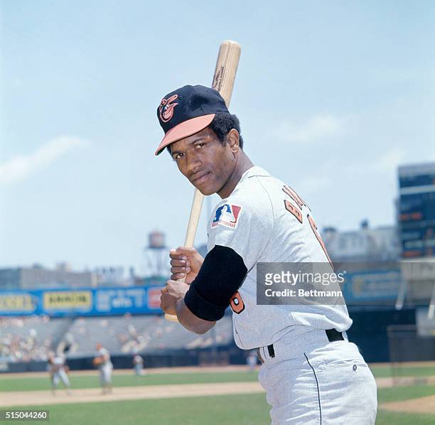 Paul Blair, the outfielder for the Baltimore Orioles is shown posing in a batting stance.