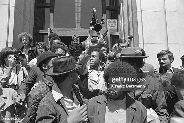 Black Panther co-founder Huey P.Newton gives the black power salute as he leaves Alameda County Courthouse August 5 after being freed on $50,000...