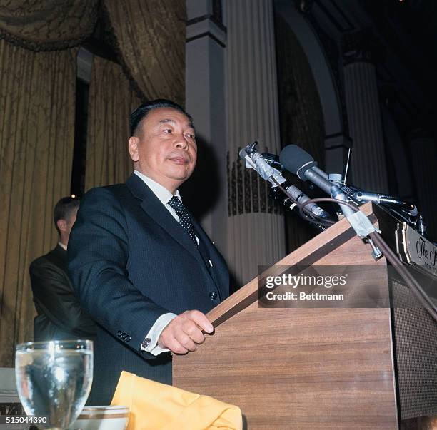 New York, New York: Chiang Ching-Kuo, Deputy Premier of Nationalist China, and son of Generalissimo Chiang Kai-Shek, speaks at a Plaza Hotel luncheon...