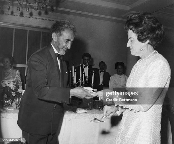 Haile Selassie, the Emperor of Ethiopia, and Mrs. Rose Kennedy talk during ceremonies here. Mrs. Kennedy came to Ethiopia to dedicate the John F....