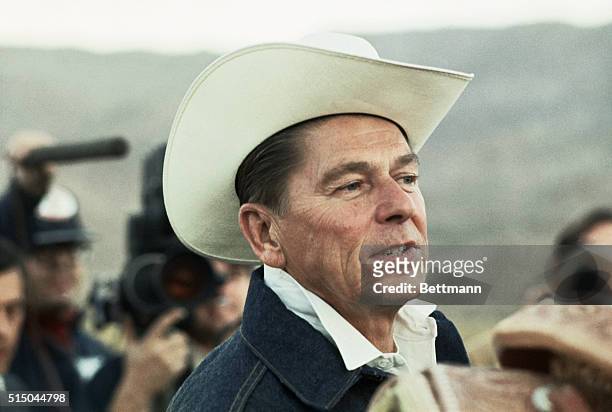 California Governor Ronald Reagan wears a cowboy hat during trail ride on December 5 at GOP Governor's Conference here.