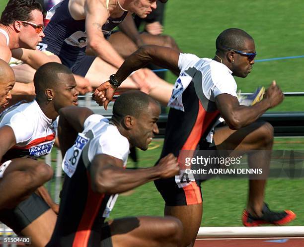 Allen Johnson from the United States pulls out a lead during the 110 metres hurdles at Crystal Palace in London, 05 August 2000. Johnson won the race...