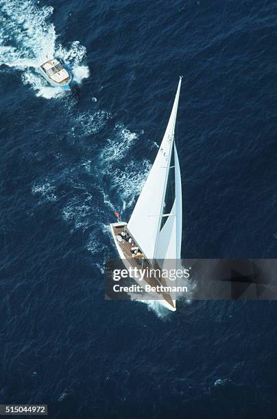 Newport, R.I.: Australian 12-meter yacht Gretel II cuts through the waves off Newport, R.I., in practice session for America's Cup competitions. The...