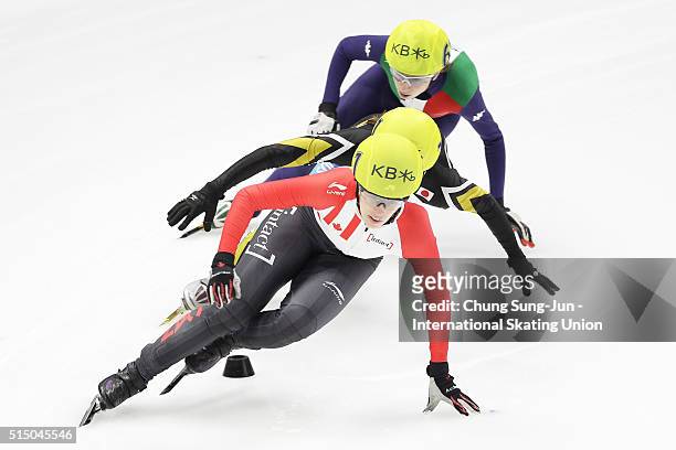 Marianne St-Gelais of Canada, Yui Sakai of Japan and Lucia Peretti of Italy compete in the Ladies 1500m Semifinals during the ISU World Short Track...