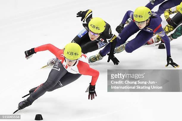 Marianne St-Gelais of Canada, Yui Sakai of Japan and Shim Suk-Hee of South Korea compete in the Ladies 1500m Semifinals during the ISU World Short...