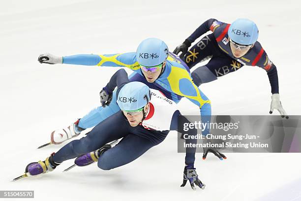 Jack Whelbourne of Great Britain, Denis Nikisha of Kazakhstan and Park Se-Yeong of South Korea compete in the Men 1500m Semifinals during the ISU...