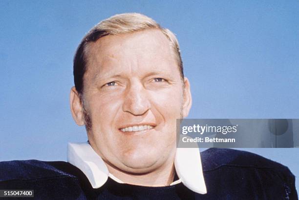 Jim Otto of the Oakland Raiders football team is shown outdoors, in uniform, in a head and shoulders shot.