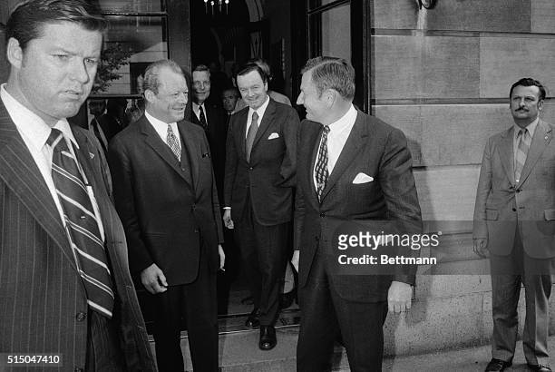 After a meeting on the Council of Foreign Relations held at 58th East 68th Street-left to right Chancellor Willy Brnadt and David Rockefeller bid so...