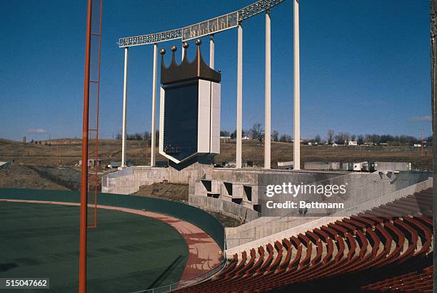 The high scoreboard at the new Royals Stadium stands 12 stories above the playing field.