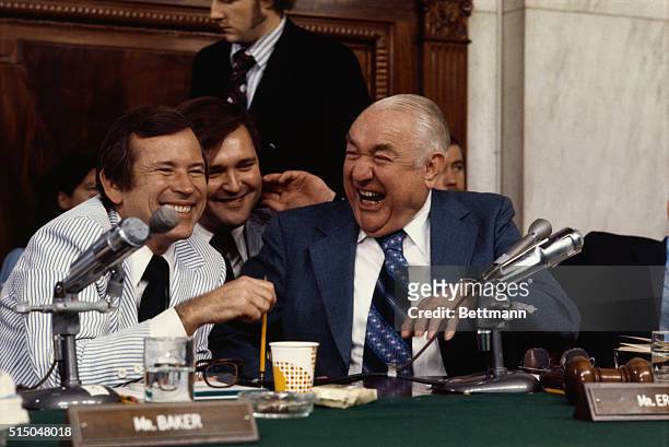 Washington, D.C.: Senator Howard Baker, R-Tenn., and Senator Sam Ervin, D-NC, right at the Senate Watergate Committee during John W. Deans III's...
